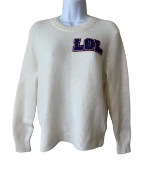 J Crew Women's Ivory LOL Varsity‎ Patch Crew Neck Pullover Sweater Small Cute thumbnail 1