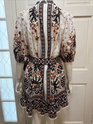 Farm Rio Flower Fan Tapestry Off-White Mini Dress Size Large. thumbnail 9
