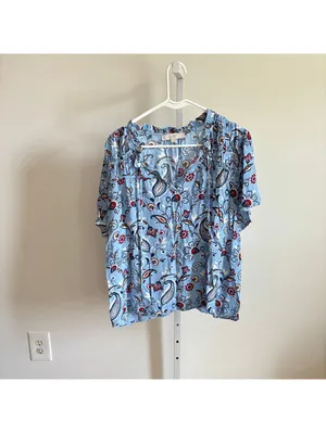 Loft EUC Women's Blue Floral Paisley V-Neck Front Tie Blouse Size L thumbnail 2