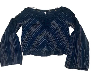 Free People Women's Navy Striped Blouse V-Neck Balloon Sleeve S thumbnail 1