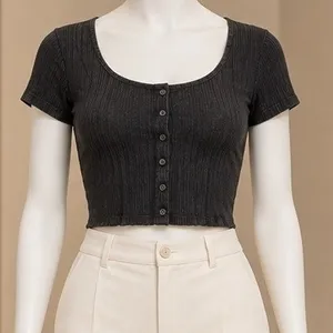 Levi's Womens Crop Top Black Ribbed Button Front Scoop Neck Large thumbnail 1