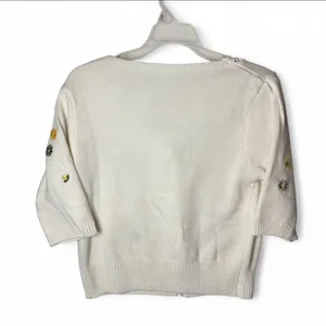 Grandmacore Floral Cardigan Sweater Womens M White Embroidered Knit V-Neck thumbnail 2
