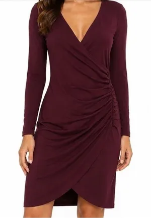 Leith Wrap Dress Womens Size M Burgundy Ruched Long Sleeve V-Neck Bodycon thumbnail 1
