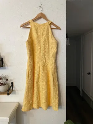 NWT White House Black Market Yellow Halter Lace Keyhole Mini Dress Size 8 thumbnail 4