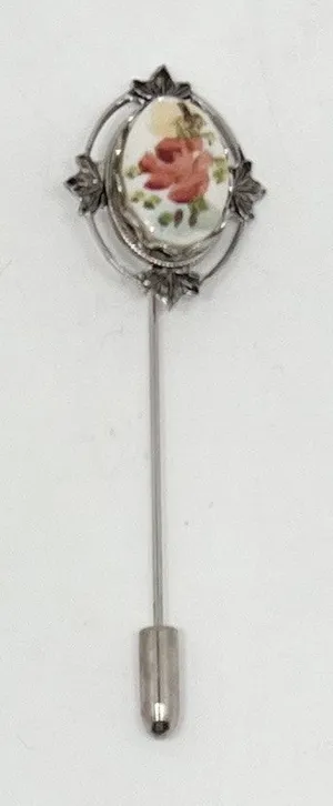 Vintage 1960s Silver Tone Floral Hand Painted Ceramic Plate Stick Pin Brooch thumbnail 1