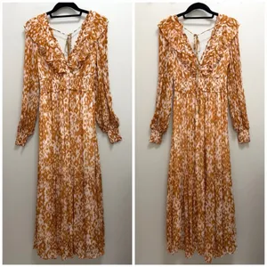 NWT Anthropologie Odetta Ruffled V Neck Maxi Dress Leopard Orange Size XS thumbnail 3