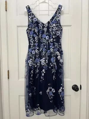 Alex Evenings Navy Floral Embroidered V-Neck Midi Dress - Size 10 thumbnail 2