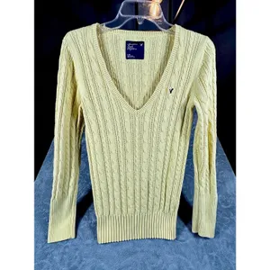 Y2K American Eagle V Neck Fitted Cable Knit Sweater Women Medium Yellow Preppy thumbnail 3