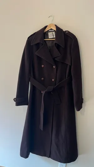 Vintage Oleg Cassini Dark Brown Wool Trench Coat Belted Double Breasted L 12 Y2 thumbnail 2