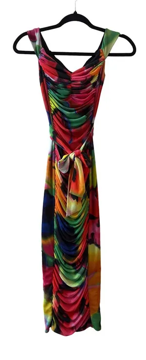 AFRM Multicolor Tie-Front Ruched Dress - Rainbow Print thumbnail 1
