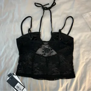 Tobias Top Black Small, Lace Halter Tank Top, Crop, Adjustable Straps thumbnail 8