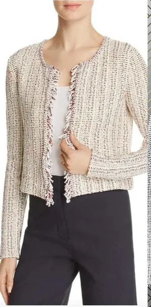 Theory Galinne Speckle Boucle Knit Fringe Sweater Jacket Cream Red Size Small‎ thumbnail 1