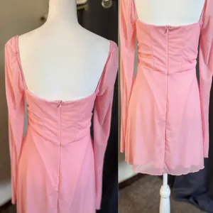 Marthea Mesh Mini Dress Womens Large Pink Tie Front Bell‎ Sleeve Coquette NWT thumbnail 6
