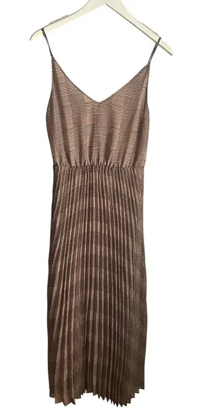 Joie Brown Brown Plaid Pleated‎ Midi Dress size Small Geometric Preppy Academia thumbnail 1