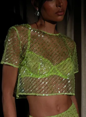 Meshki NWT Sequin Mesh Short Sleeve Crop Top thumbnail 1