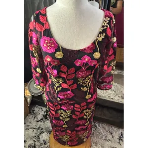 Floral Embroidered Mesh Sheath Dress Black‎ Pink Gold 3/4 Sleeve Cocktail Midi thumbnail 4