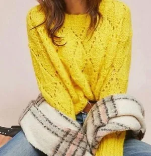 Sleeping on Snow (Anthro) Yellow Crochet Alpaca Sweater Size S thumbnail 1