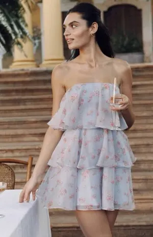 Abercrombie & Fitch Floral Tiered Mini Dress Strapless Pastel Summer XL Tall New thumbnail 1