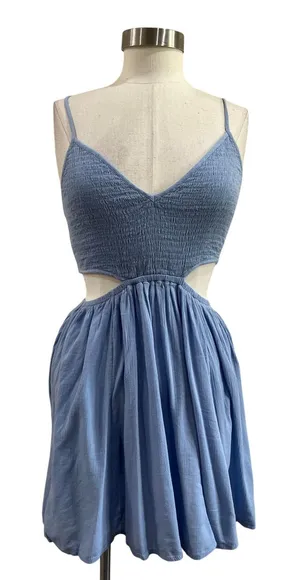 Aerie Blue Smocked Mini Dress Cutout Cotton‎ Blend Casual Size Medium thumbnail 1