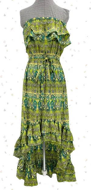 Classique Green Yellow High Low Strapless Summer Dress Wedding Guest Fit Size M thumbnail 1