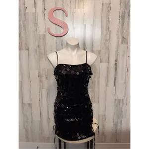 AKIRA Black Sequin Lace Up Mini Dress Womens Size Small S Spaghetti Strap Bodyco thumbnail 4