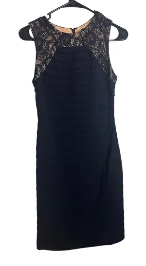 Adrianna Papell‎ Navy Blue Lace Yoke Tiered Ruffle Sheath Cocktail Dress Size 2 thumbnail 1