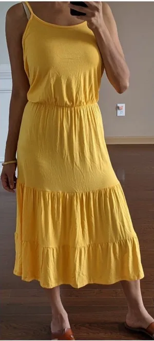 Beach Break Jersey Tiered Midi Sundress in Yellow Size Large thumbnail 1
