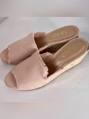 LAUREN RALPH LAUREN Wedges sz9.5 Pink Satin Fringe Espadrille Classy thumbnail 3