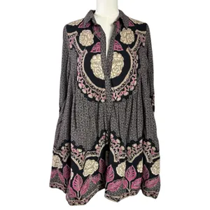 Free People Smell The Roses Mini Shirt Dress Tunic Bohemian Snap Front Medium thumbnail 3