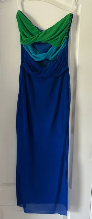 SHEIN Strapless Colbalt Blue Maxi Dress Color Block Twisted Cut-Out Bodice Sheer thumbnail 1