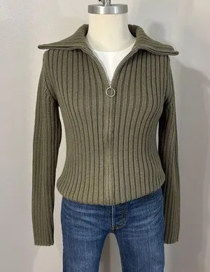 Gap Olive Green Collared Ribbed Zip Up Cardigan Sweater Size L thumbnail 1