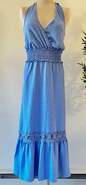 Smocked Waist Blue Halter Maxi Dress with Lace Hem thumbnail 1