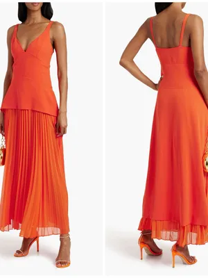 NWT Sequoia Pleated Combo Sleeveless V-Neck Midi Dress in Flame Orange Sz 00 thumbnail 6
