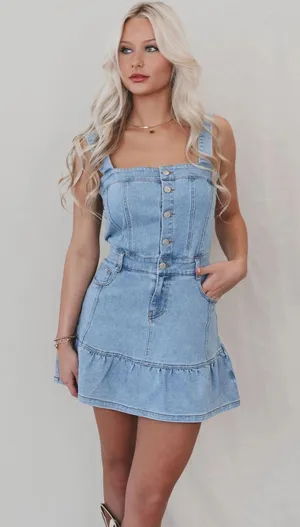 Boutique Medium Wash Denim Squareneck Button Up Ruffle Hem Mini Dress w/ Pockets thumbnail 1