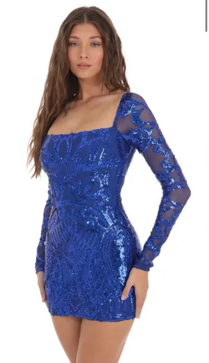 Lucy in the Sky Sequin Square Neck Bodycon Homecoming Dress Royal Blue Small thumbnail 1