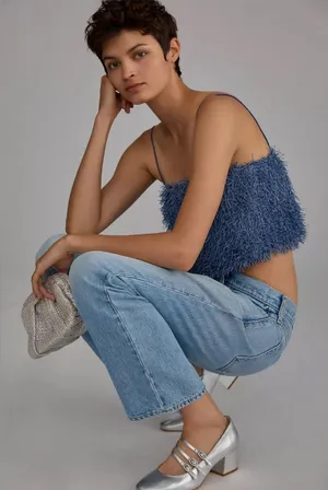 Anthropologie Sunday in Brooklyn Cami Feathered Tank Top L Lined Fringe Blue NWT thumbnail 1