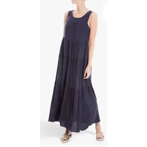 Max Studio Sleeveless Tiered Maxi Navy Pockets Bohemian Festival Dress SZ S thumbnail 3