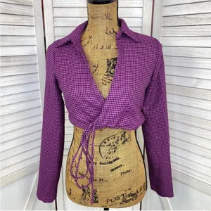 Zara Houndstooth Cropped Polo Top Purple Black‎ Small Long Sleeve Deep V-neck thumbnail 3
