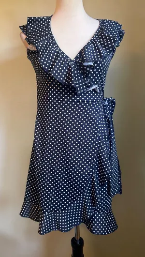 Y2K Navy White Polka Dot Ruffle Wrap Mini Dress Sleeveless whimsi dainty cute sm thumbnail 1