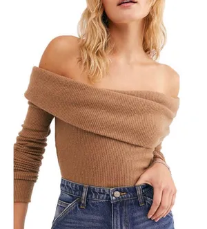 Free People Fold Over Off The Shoulder Ribbed Brown Sweater Tops Size XS thumbnail 2