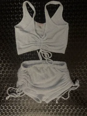 Light Baby Blue Fuzzy Crop Top & Shorts Matching Sleep Set - Women Intimates thumbnail 1