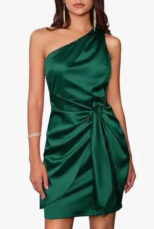 Grace Karin emerald green satin one shoulder tie dress thumbnail 1