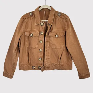 Free People Womens Denim Jacket Brown Eisenhower Slouchy Cropped Jean Medium thumbnail 2