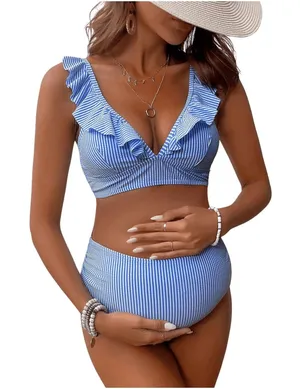 NWT Floerns Maternity Striped Ruffle V Neck 2 Pc Bathing Suit Blue White Small thumbnail 1