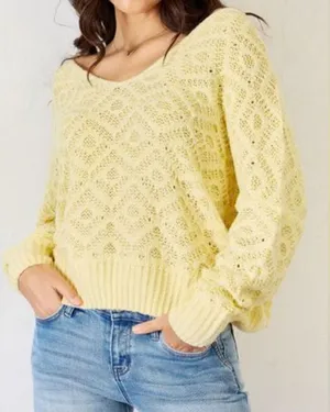 HyFve V-Neck Patterned Long Sleeve Yellow Knit Women's Sweater - Size L thumbnail 1