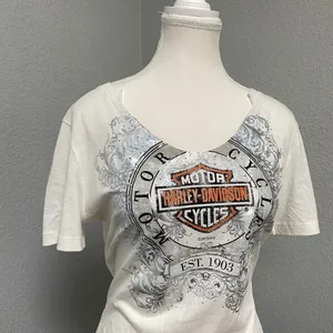 Harley Davidson White Graphic Tee Shirt Silver Floral Print Big Barn Carnival thumbnail 2