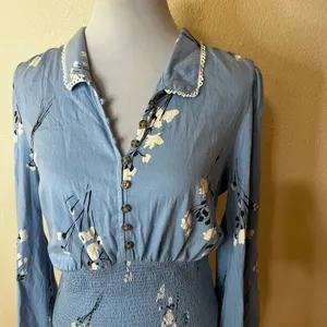 Maeve | Anthropologie light blue floral smocked long sleeve blouse top WOMENS M thumbnail 3