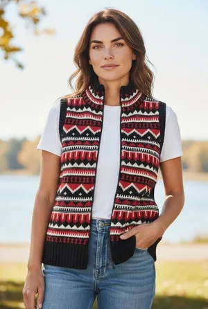 Lauren Ralph Lauren Fair Isle‎ Knit Vest Full Zip Women Size L Red Black White thumbnail 1