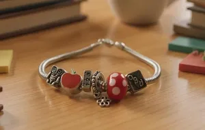 Silver Tone & Red Teacher European Charm Bracelet thumbnail 1