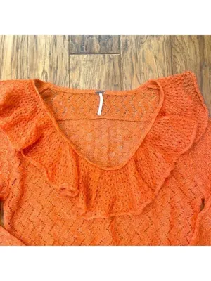 Free People Macaroon Ruffled Neck Mohair Wool Sweater Burnt Orange Ruffle size L thumbnail 8